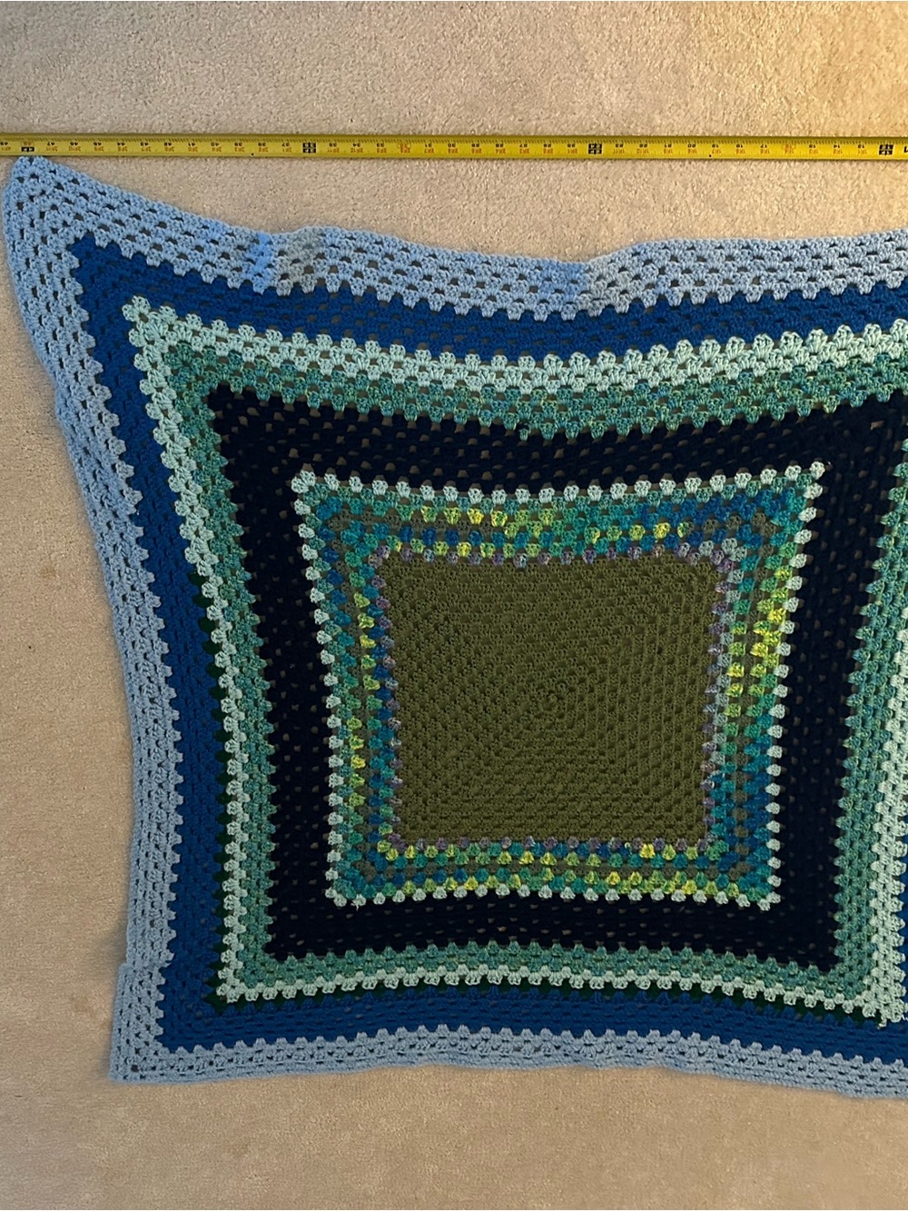 Handmade Crochet Square Throw Blanket in Blue, Green and Olive